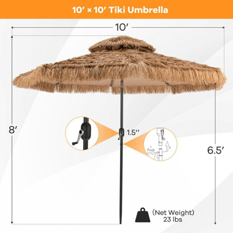 Hivvago 10 Feet Hawaiian Style Solar Lighted Thatched Tiki Patio Umbrella