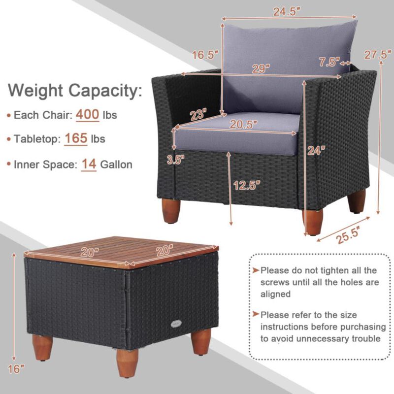Hivvago 3 Pieces Patio Wicker Furniture Set with Cushions and Acacia Wood Coffee Table Outdoor