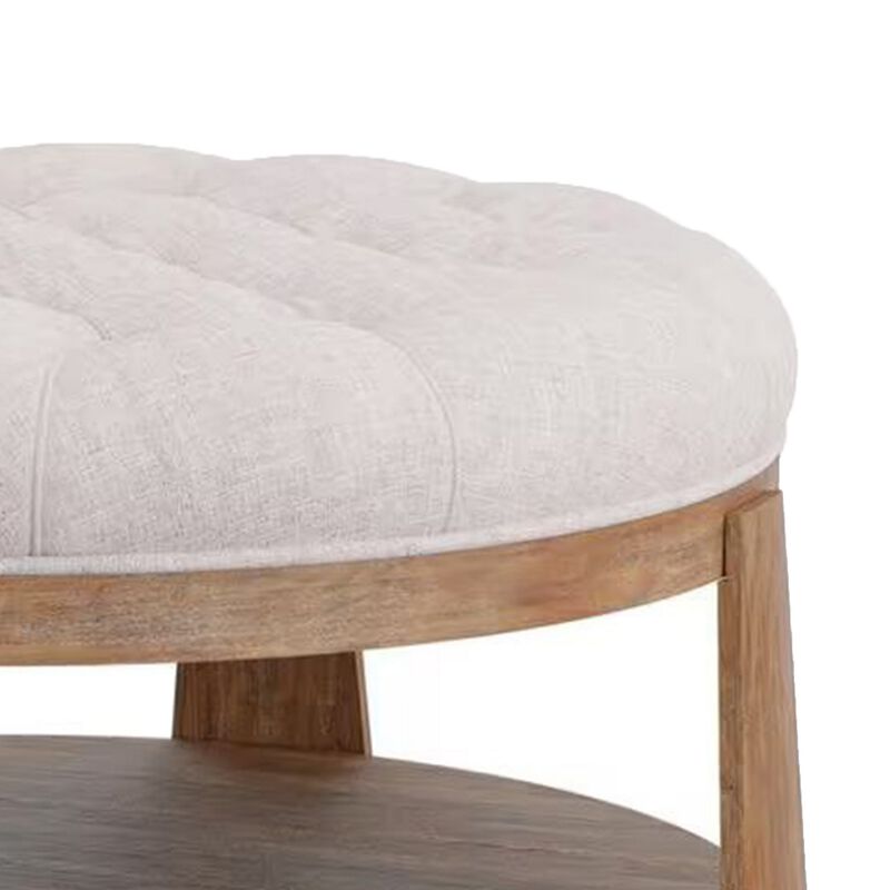 Gus 41 Inch Ottoman Coffee Table, Button Tufted Beige Fabric, Brown Wood - Benzara