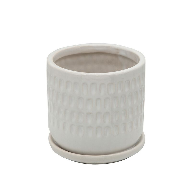 Ceramic Planter with Saucer and Hammered Design, Set of 2, White-Benzara