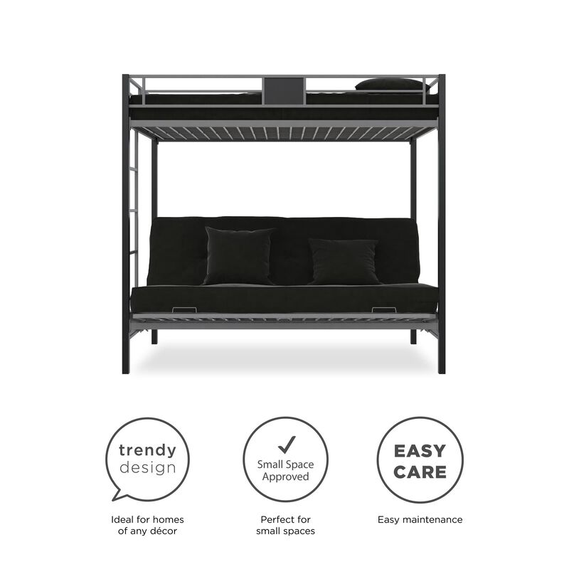 Reeta Twin over Futon Metal Bunk Bed, Silver and Black