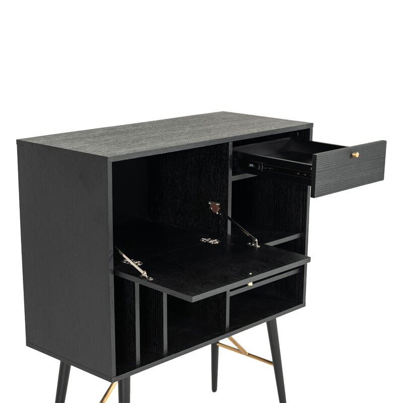 Belo Accent Buffet Sideboard, 6 Shelves, Gold Accent, Black, 42 Inch - Benzara