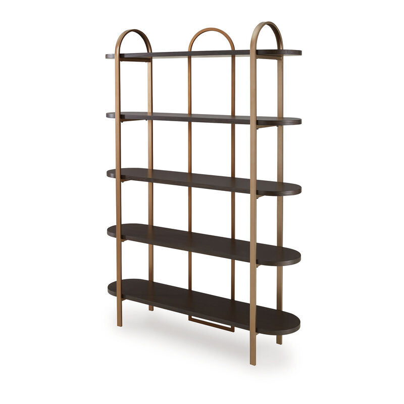 72 Inch Bookcase with 5 Ash Wood Storage Shelves, Retro Gold Frame - Benzara