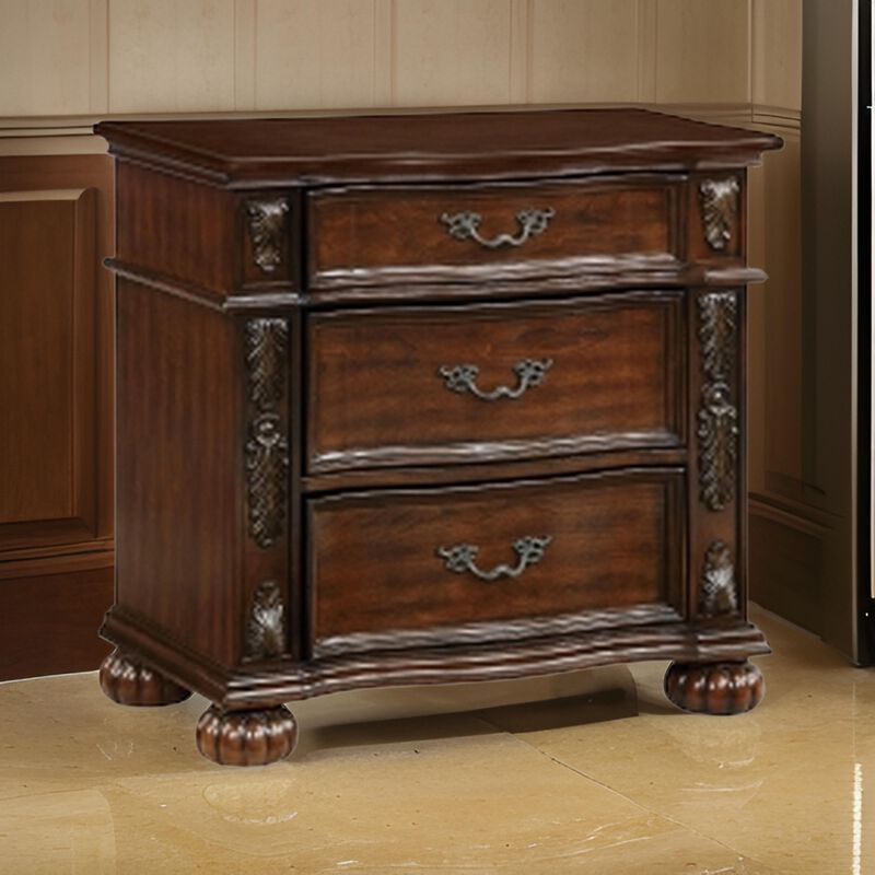 Nami 32 Inch Nightstand, 3 Drawers, Leaf Carvings, Cherry Brown Solid Wood - Benzara