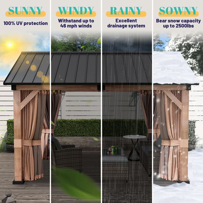 Clihome 11x12ft Patio Hardtop Gazebo with Curtains and Nettings Wooden Canopy Aluminum Frame