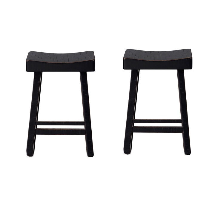 Bianca Counter Stool Set of 2, Saddle Seat, Farmhouses Black Solid Wood