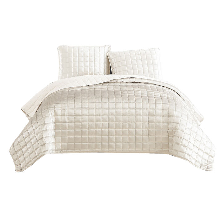 3 Piece King Size Coverlet Set with Stitched Square Pattern, Cream - Benzara