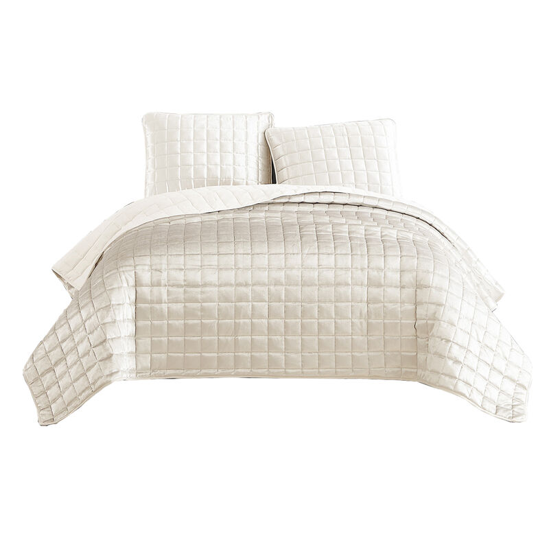 3 Piece King Size Coverlet Set with Stitched Square Pattern, Cream - Benzara
