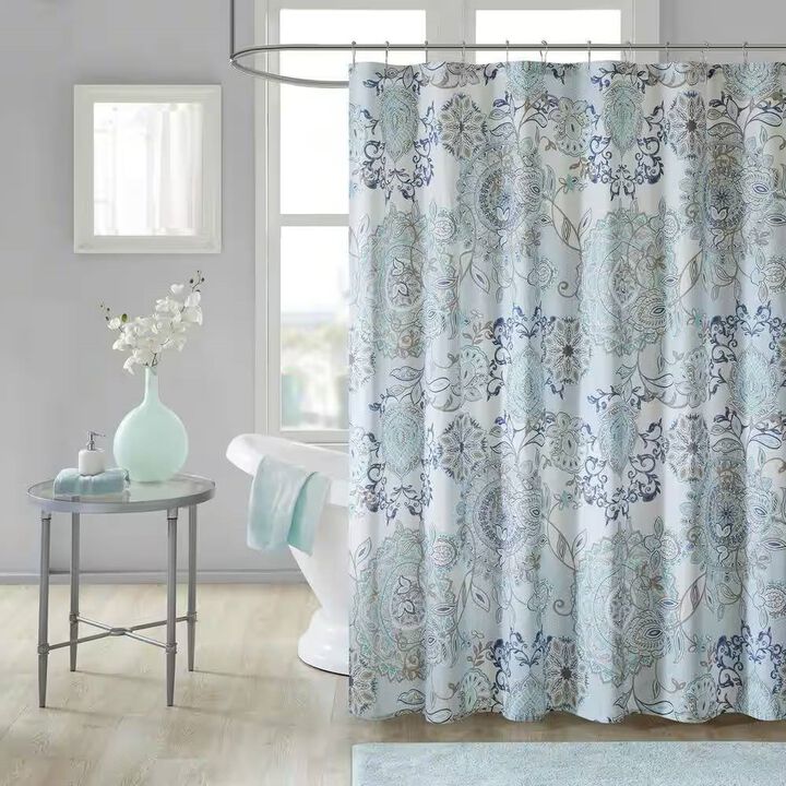 Boho Paisley Floral Cotton Shower Curtain – Elegant Watercolor Design, Machine-Washable