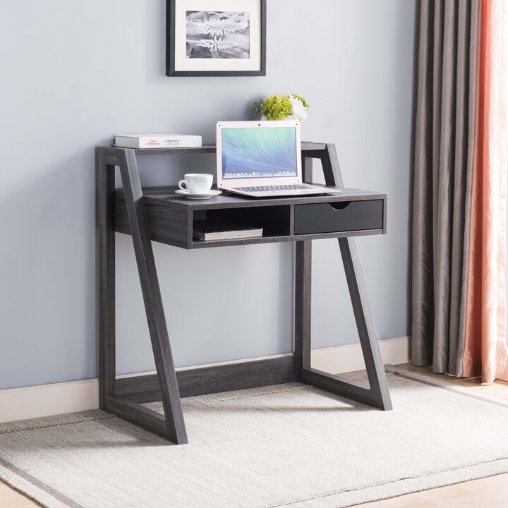 Distressed Grey & Black Home Office Desk with Lifted Shelf and USB/Power Outlet