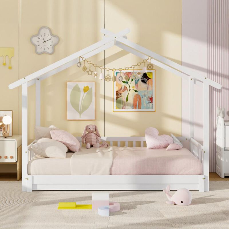 Hivvago Extendable House Bed Twin to King Daybed with Roof and Fence Rails