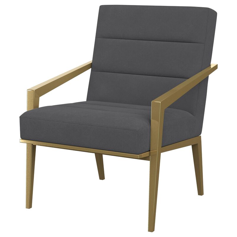 Kiara Accent Chair, Channel Tufted Dark Gray Fabric, Gold Metal Frame - Benzara