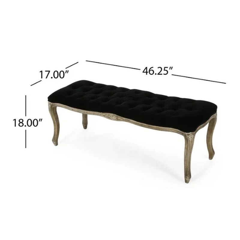 Kopa Bench Footstool, Tufted Black, Brown Wood, Curved Legs, 46 Inch - Benzara