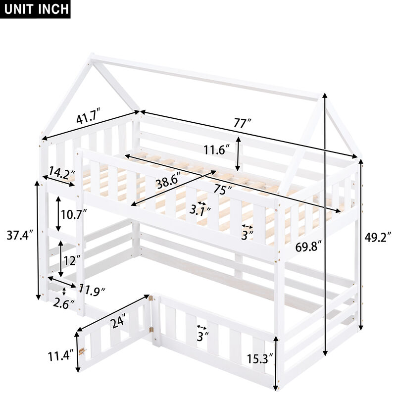 Merax House Bunk Bed with Fence and Door