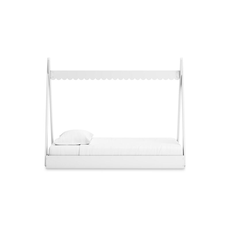 Kally Twin Size Floor Bed, Tent Style Design, Matte White Wood - Benzara