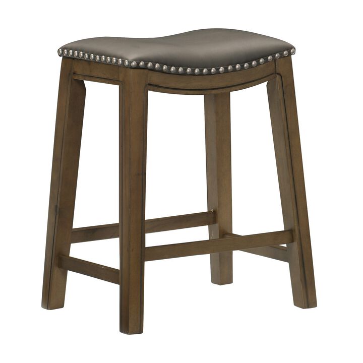 Miel 26 Inch Counter Height Stool, Gray Faux Leather Seat, Brown Solid Wood - Benzara