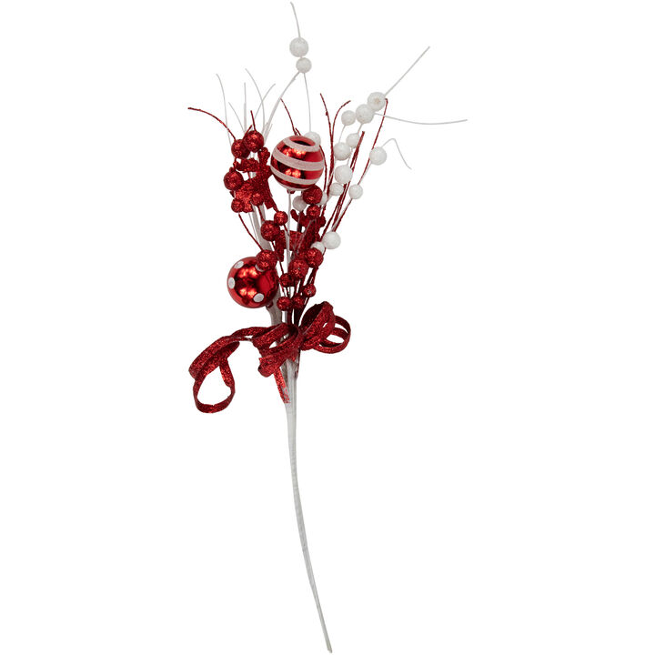 24" White and Red Glitter Shatterproof Ornaments and Swirls Christmas Spray