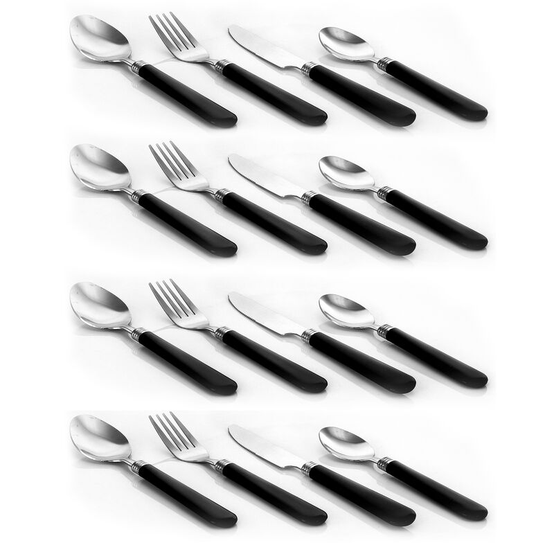 Gibson Sensations II 16 Piece Stainless Steel Flatware Set with Black Handles and Chrome Caddy