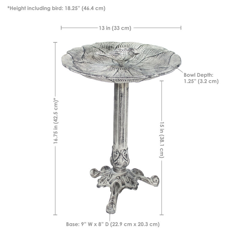 Sunnydaze Bird and Blossom Metal Bird Bath - Antique Gray - 13 in