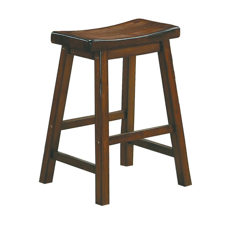 Wooden 24" Counter Height Stool with Saddle Seat, Distressed Cherry, Set Of 2-Benzara