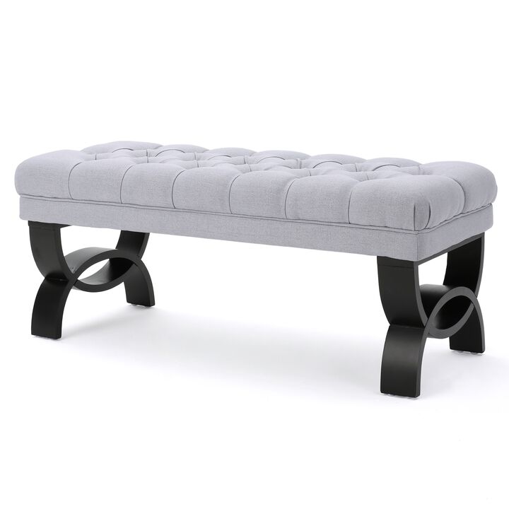 Riam Ottoman Bench, 41 Inch, Button Tufted, Rounded Birch Wood Legs - Benzara