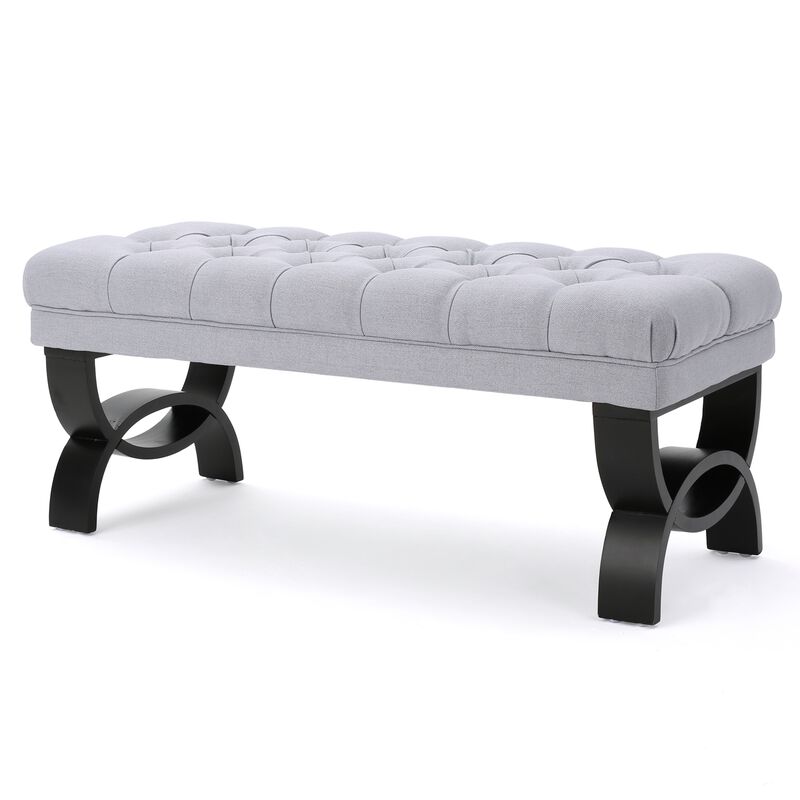 Riam Ottoman Bench, 41 Inch, Button Tufted, Rounded Birch Wood Legs - Benzara