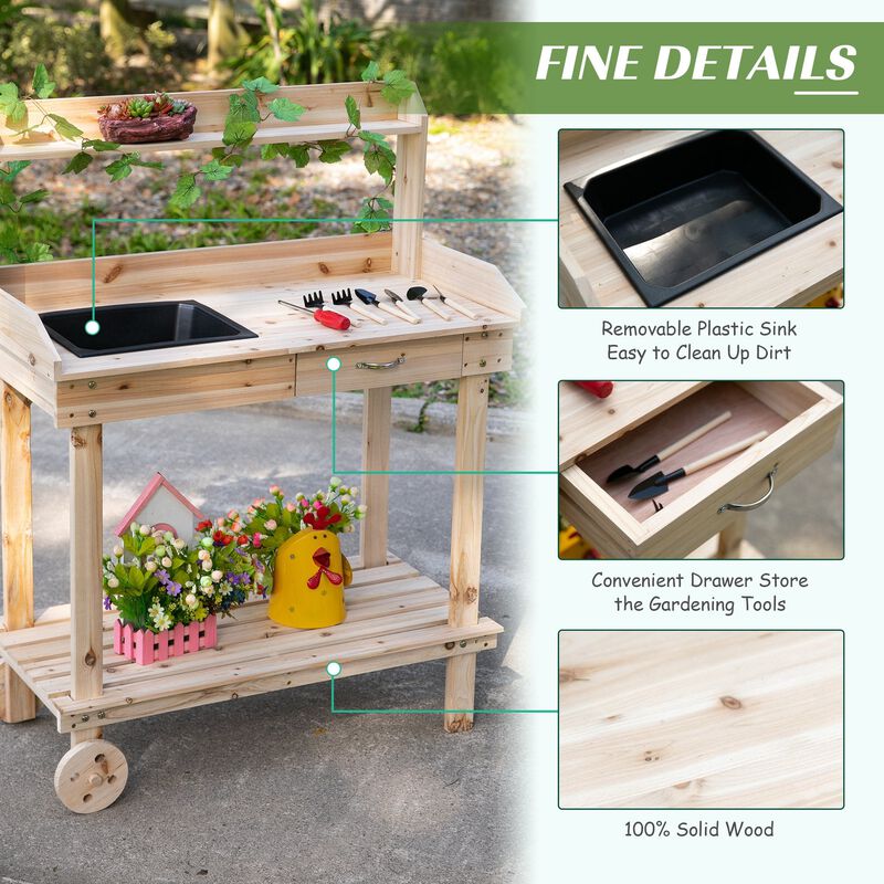 Mobile Garden Station: Natural Wood Potting Bench with Wheels and Sink