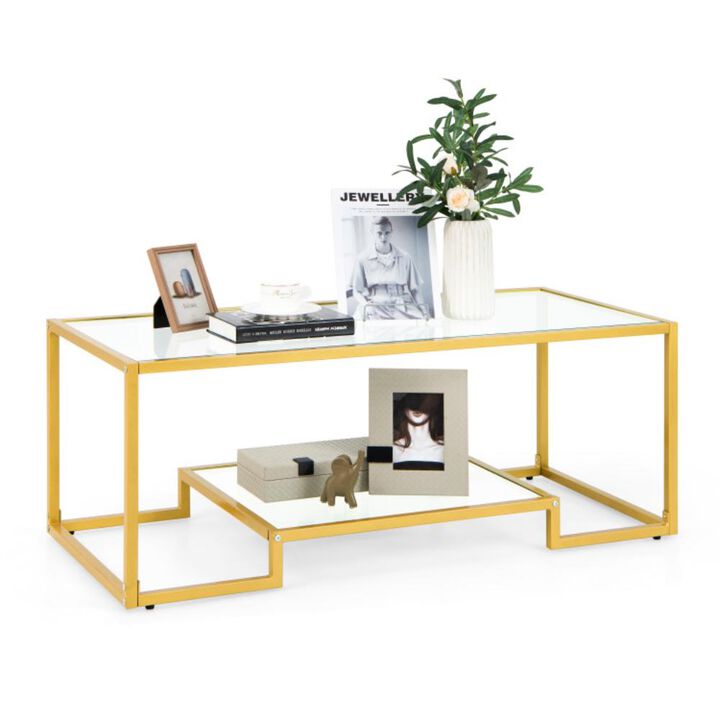 Hivvago Modern 2-Tier Rectangular Coffee Table with Glass Table Top