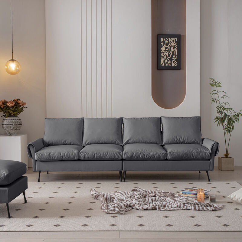 Technical Leather L-Shaped Sectional Sofa with Convertible Ottoman, Modern Couch for Living Room