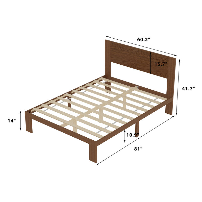 FUFU&GAGA Solid Wood Bed with Slatted Bed Base, Natural Wood Finish (60.2" W x 81" L x 41.7" H), Rubberwood & Pine Construction