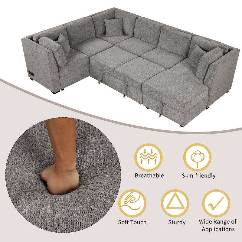 Merax U-shaped Sectional Sofa Pull Out Sofa Bed with 2 USB Ports