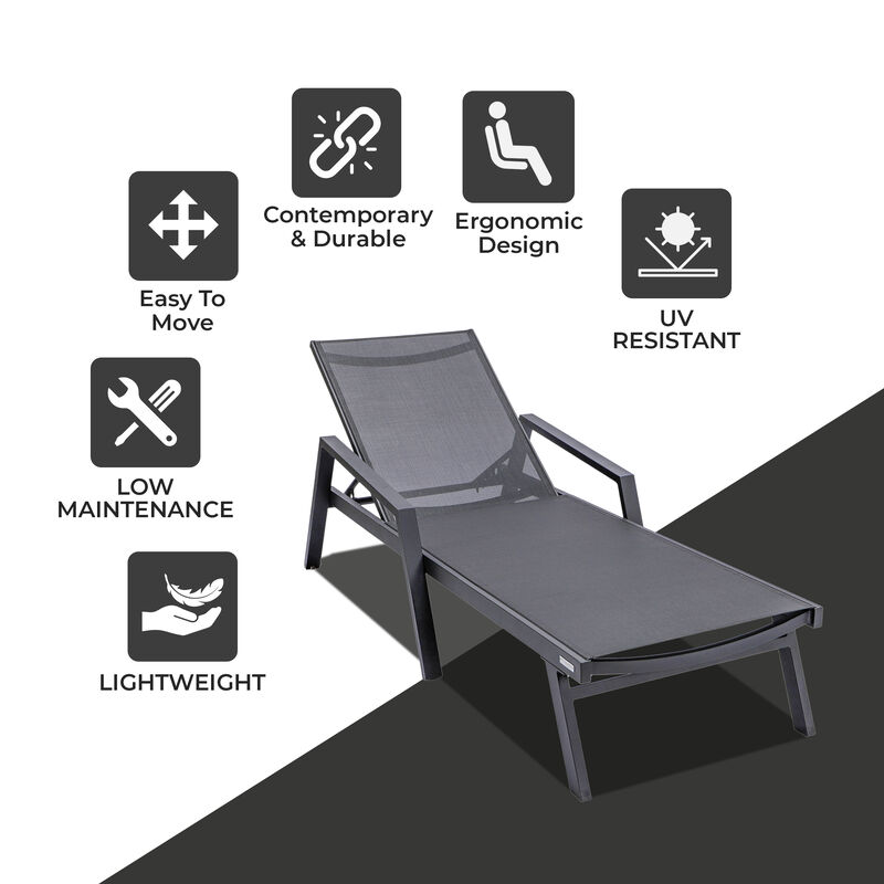 LeisureMod Marlin Patio Chaise Lounge Chair with Armrests – Black Aluminum Frame & Navy Blue Mesh for Outdoor Comfort