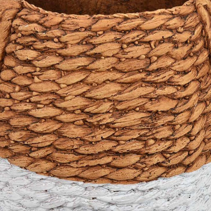 Reno 12 Inch Planter, Rope Woven Design, White and Brown Finished Resin - Benzara