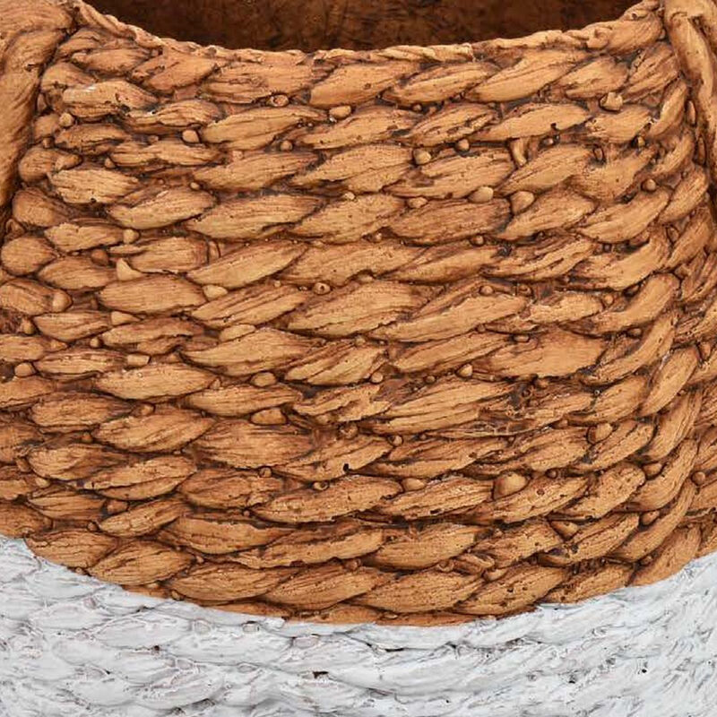 Reno 12 Inch Planter, Rope Woven Design, White and Brown Finished Resin - Benzara