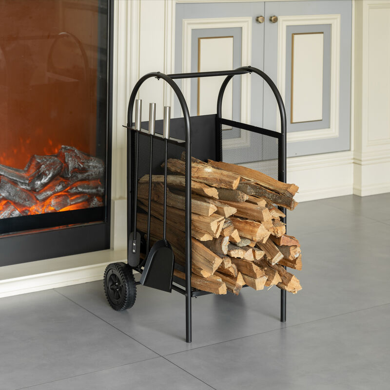 Indoor and Outdoor Patio Iron Firewood Log Cart with Wheels and Fireplace Tool Set, Black