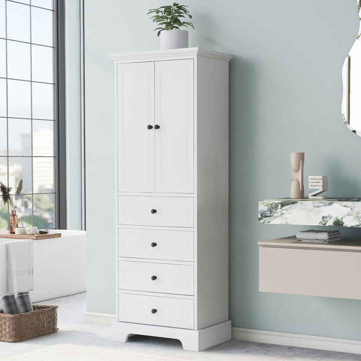 White Storage Cabinet with 2 Doors, 4 Drawers, Adjustable Shelf