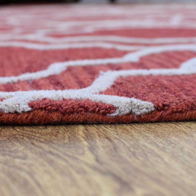 RUGSOTIC CARPETS HAND TUFTED WOOL ECO-FRIENDLY AREA RUGS  - 8'x8', Round Shape, Red & Beige, Geometric Modern Design, High Pile Thick Handmade Area Rugs for Living Room, Bed Room (K09014)