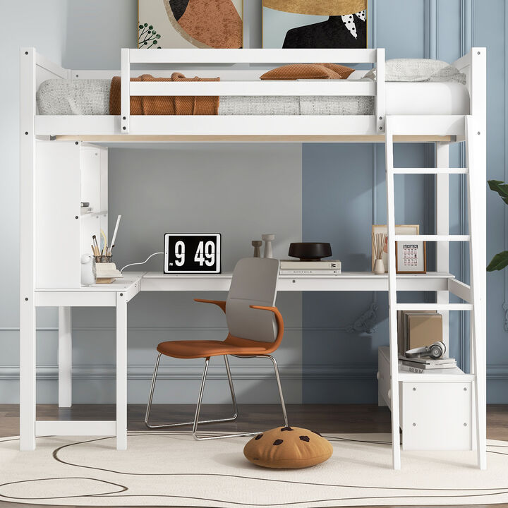 Merax Loft Bed with Desk, LED light and USB Charging Station