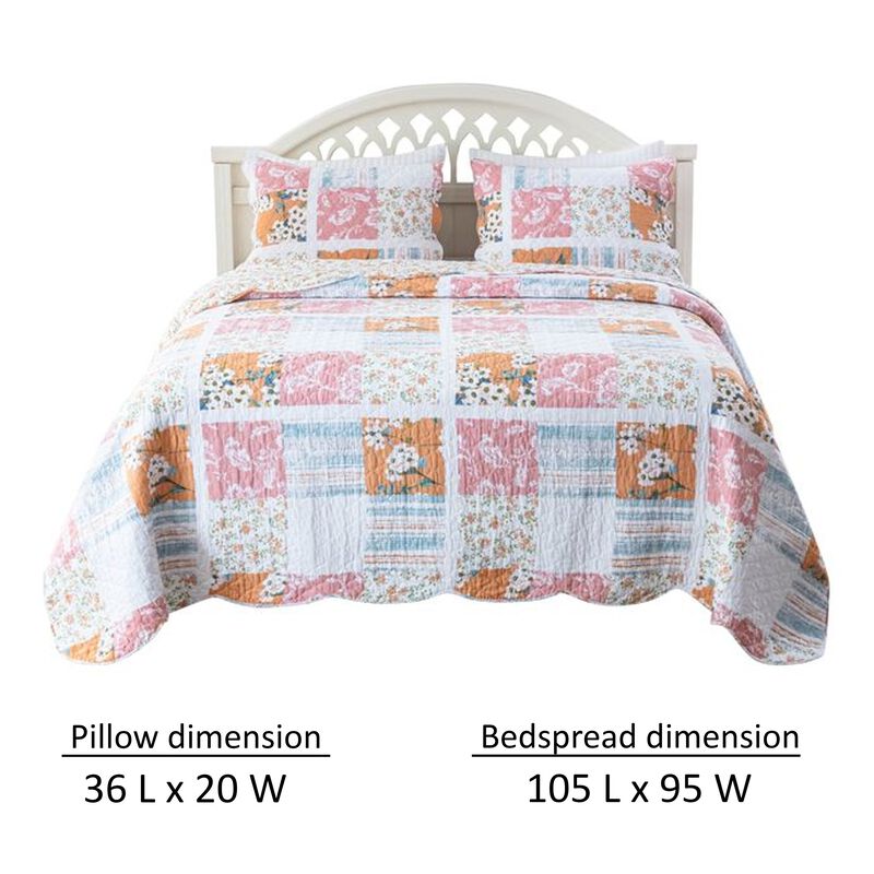 Vanie 3pc King Quilt Set, Pillow Shams, Scalloped, Blue White Pink Cotton