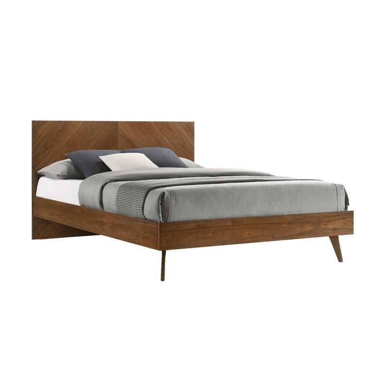Nova Rem Queen Size Platform Bed, Chevron Pattern Headboard, Walnut Brown - Benzara