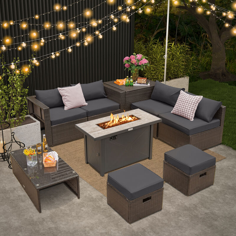 9-Piece Outdoor Patio Furniture Set with Cushions & Propane Fire Pit Table for Garden or Backyard