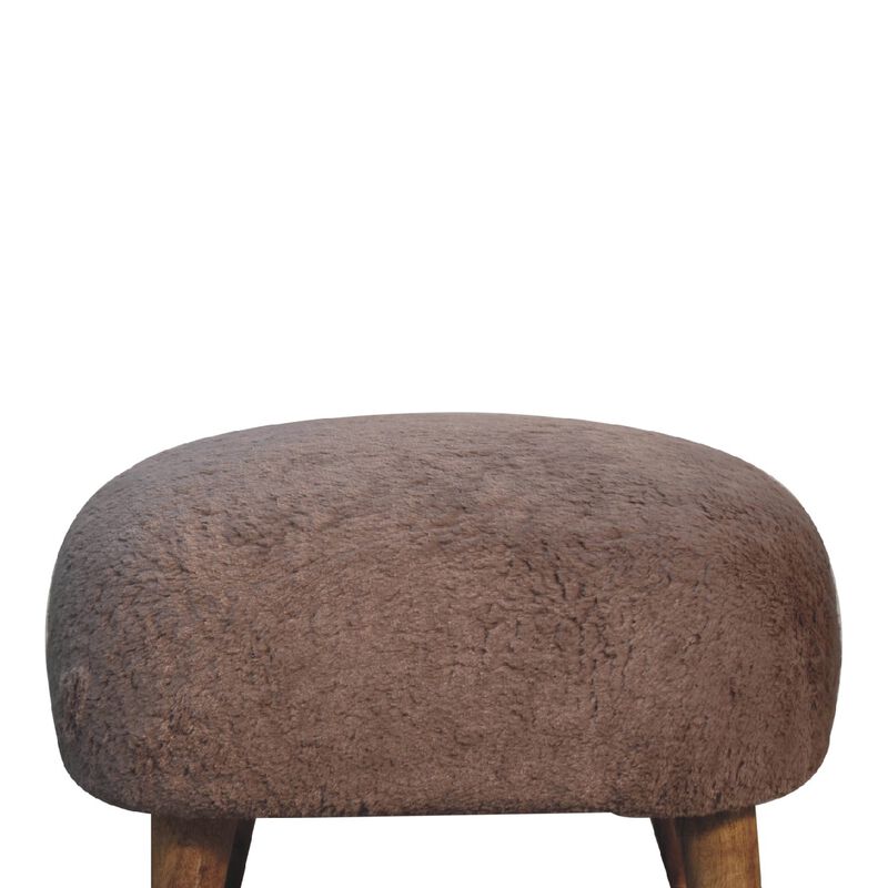Mocha Faux Fur Upholstered Solid Wood Square Stool