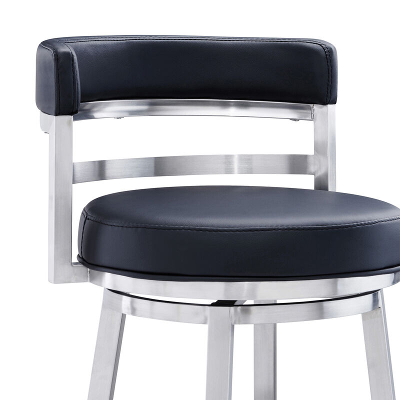 Eva 30 Inch Padded Swivel Bar Stool Chair, Steel Finish, Black Faux Leather-Benzara