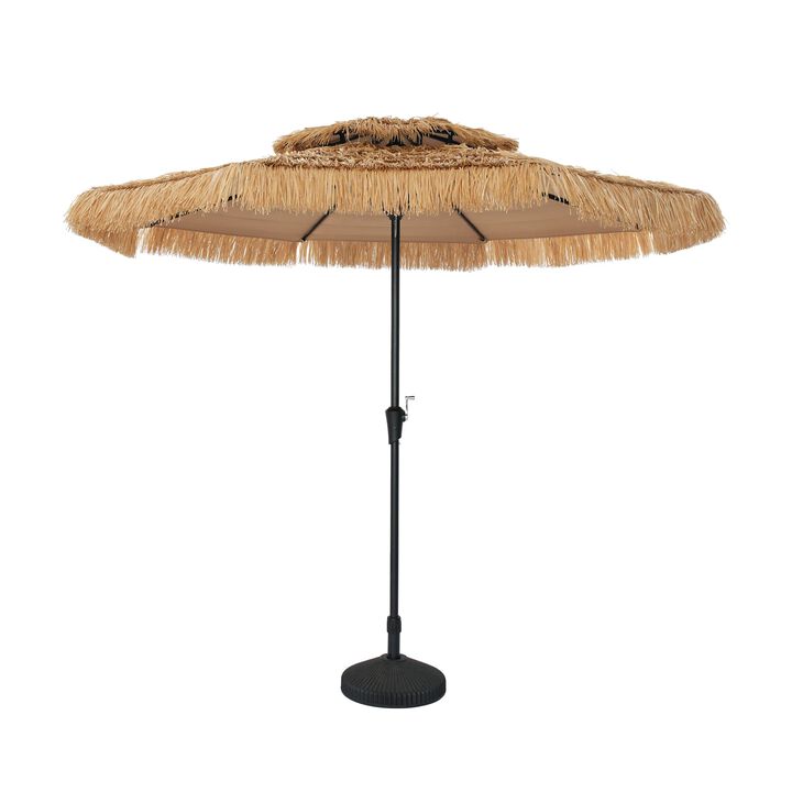 Mondawe 9 ft Hawaiian Style Crank Design 2 Tier Straw Patio Umbrella Shade with Round Based