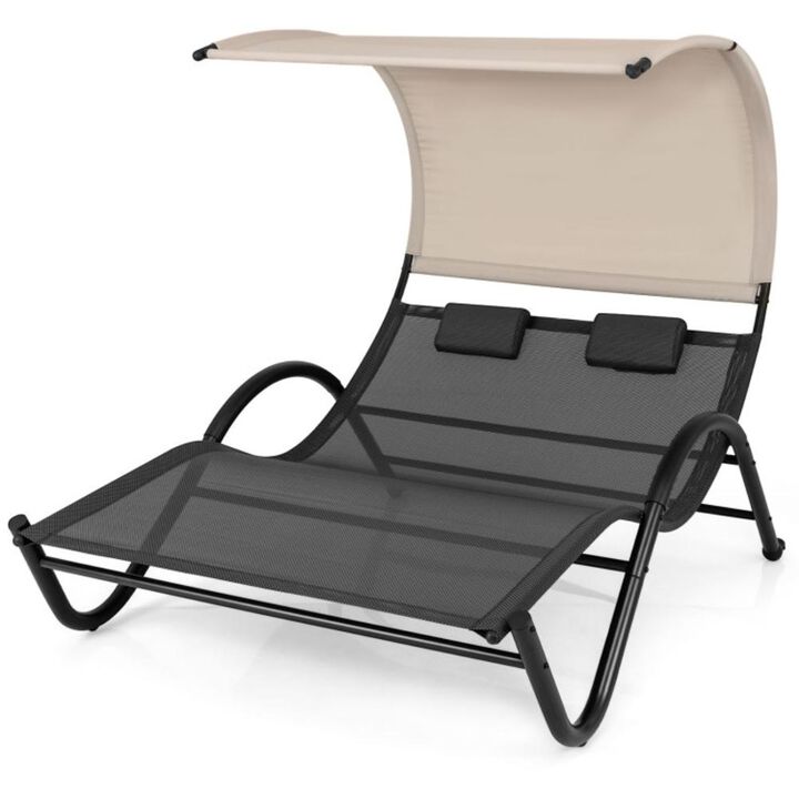 Hivvago Outdoor Double Chaise Lounge Chair with Sunshade Canopy and Headrest Pillows