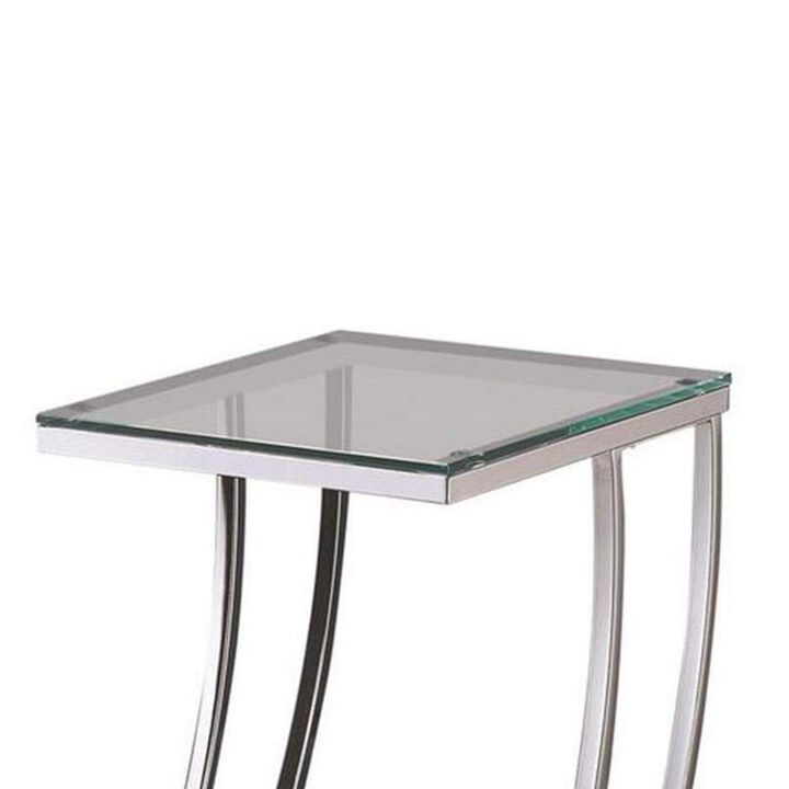 Contemporary Metal Accent Table With Glass Top, Clear And Silver-Benzara