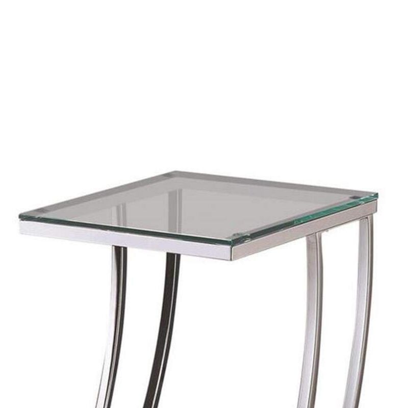 Contemporary Metal Accent Table With Glass Top, Clear And Silver-Benzara