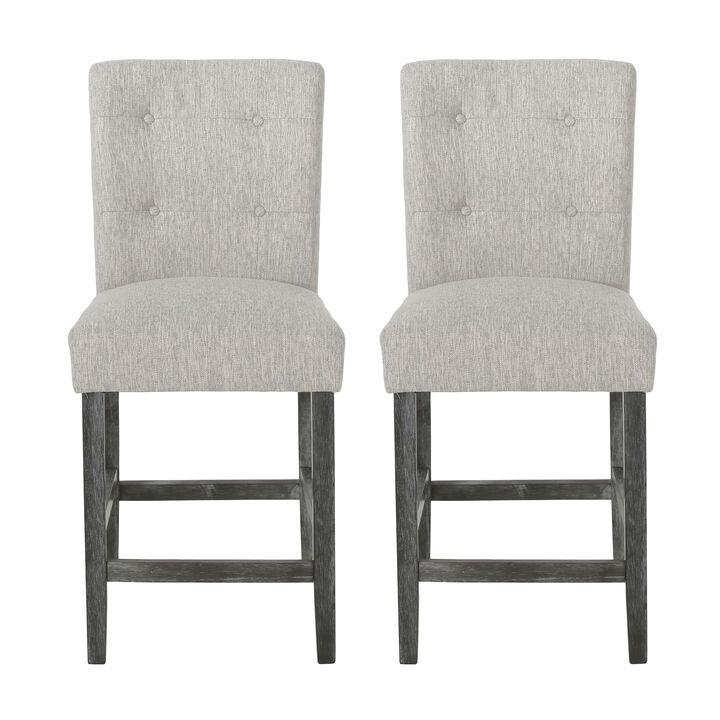 Sika Counter Height Stool Chair Set of 2, Tufted Light Gray, Charcoal Wood - Benzara