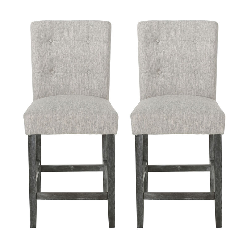 Sika Counter Height Stool Chair Set of 2, Tufted Light Gray, Charcoal Wood - Benzara