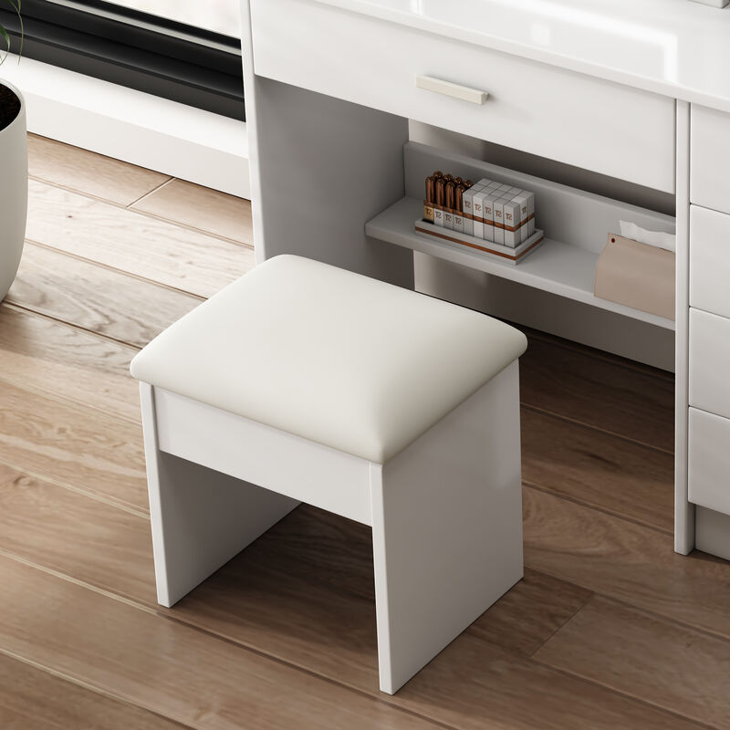 Vanity Desk with Lighted Mirror, Open Shelves & Chair, 5 Drawers, Adjustable LED Lights